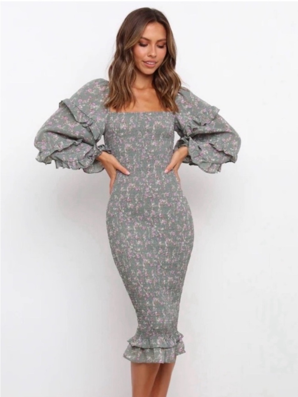 Petal & Pup Sage Green Floral Midi Dress with Puff Sleeves